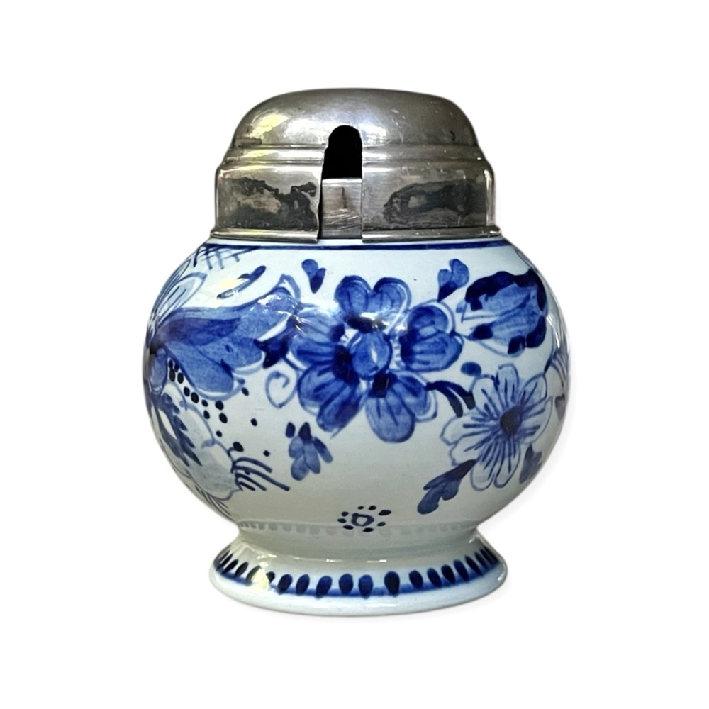 Gorgeous Delft Blue and White Floral Ceramic Ginger Jar with Silver Lid